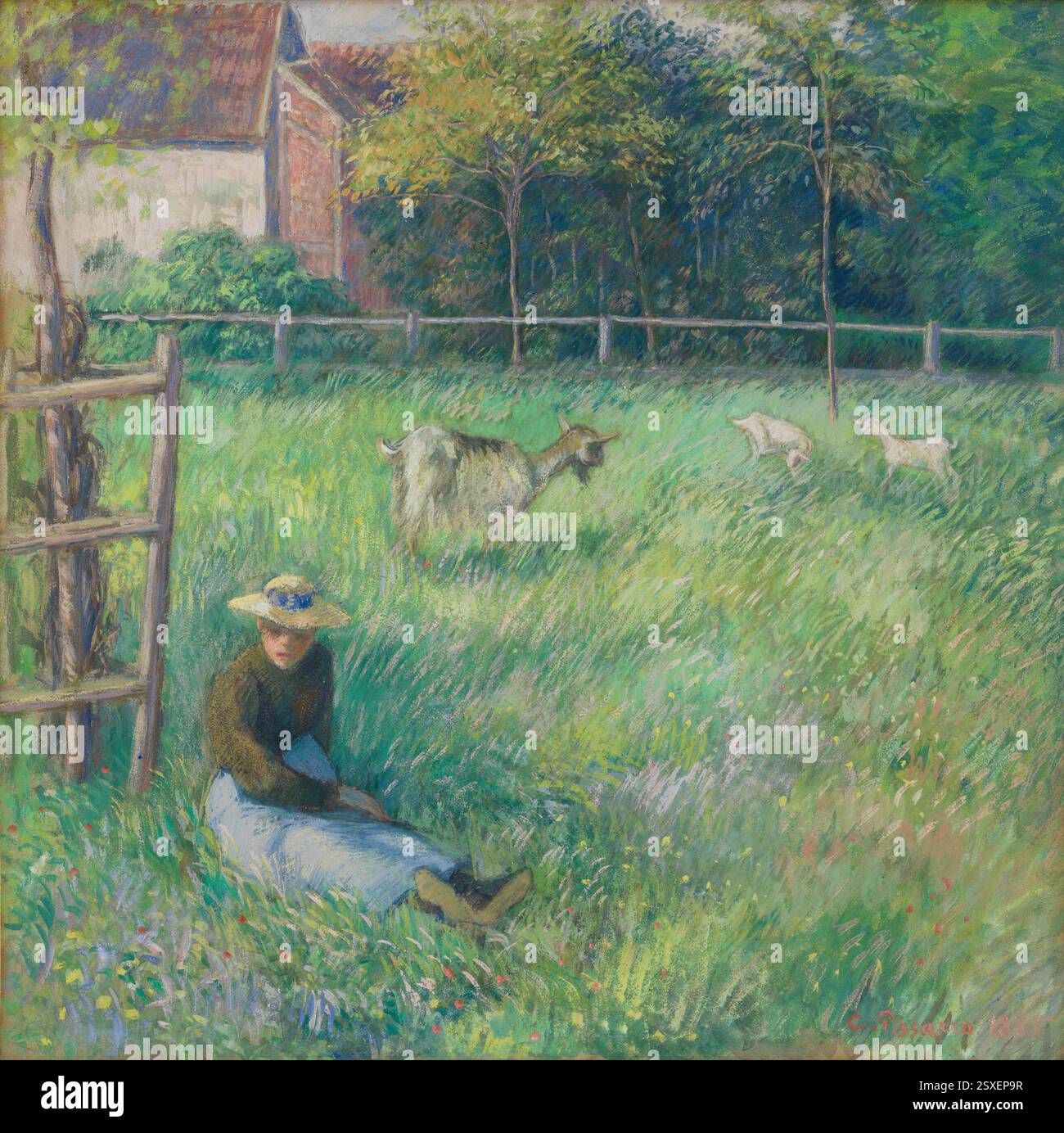 La gouache de 1885 de Camille Pissarro, « femme paysanne assise avec chèvres », dépeint une scène rurale dans le hameau d'Eragny, mettant en valeur l'accent mis par Pissarro sur la vie paysanne et son exploration de différents médias. Banque D'Images