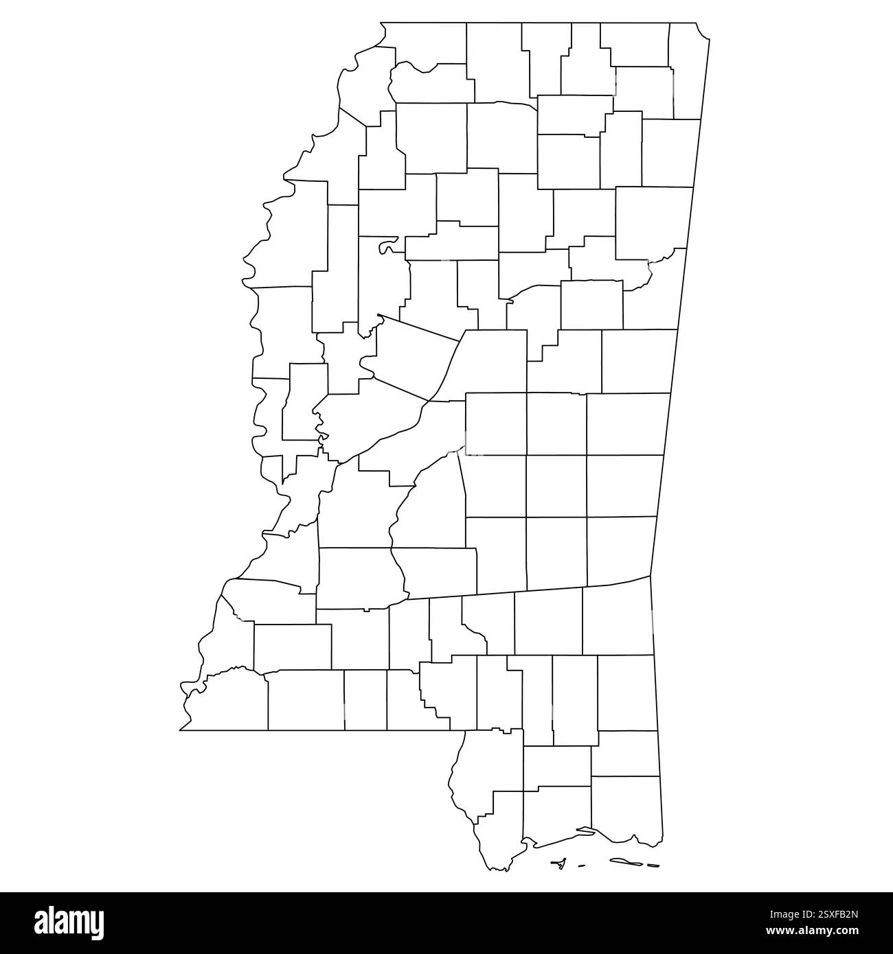 Mississippi, MS - carte politique détaillée de l'état américain. Carte administrative divisée en comtés. Carte blanche fine avec contour noir. Illustration vectorielle Illustration de Vecteur