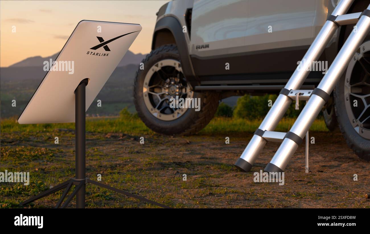 Internet satellite Starlink de SpaceX lors d'un voyage de camping Banque D'Images