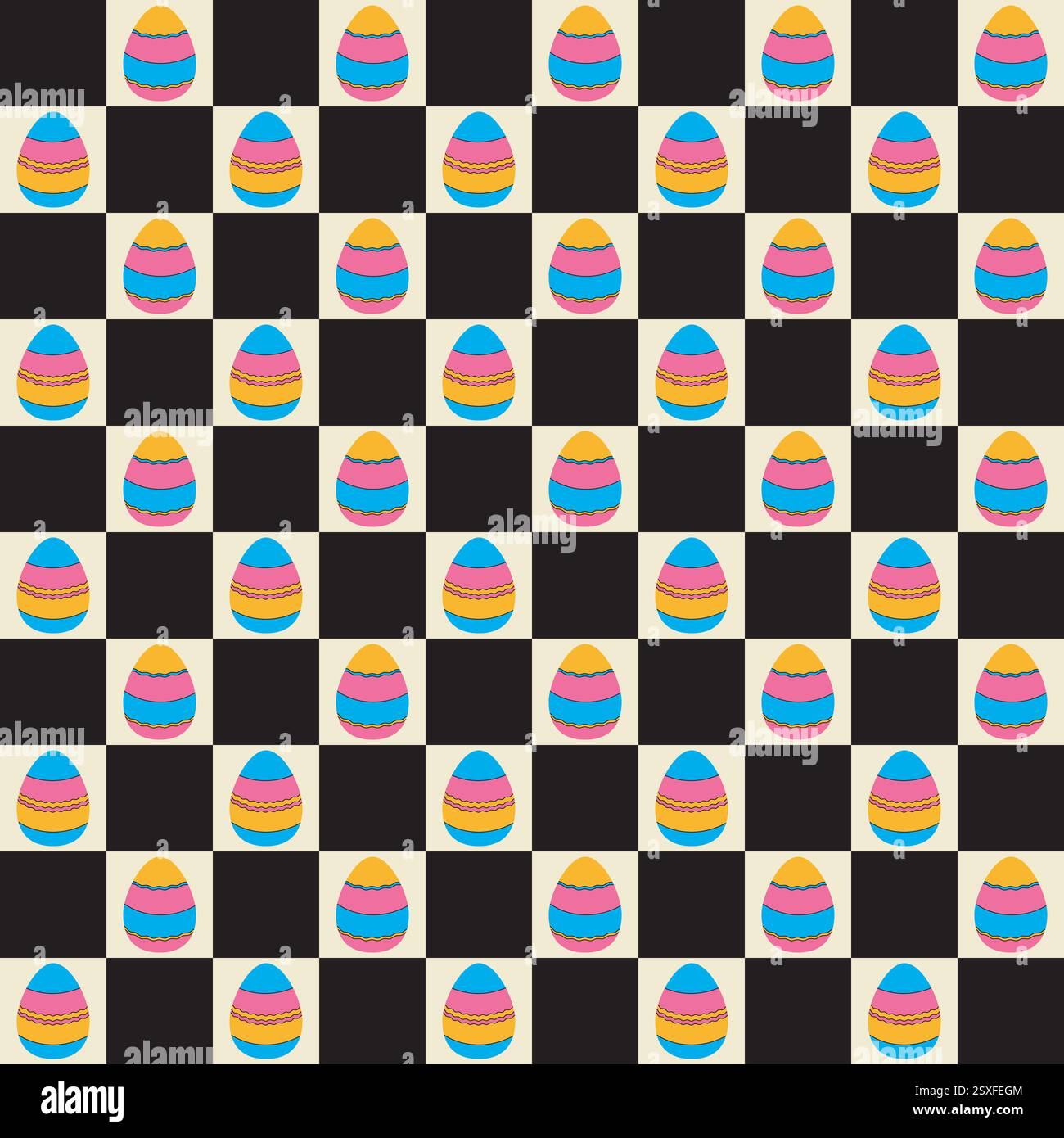 Tableau à carreaux artistique brillant motif sans couture en forme d'œuf de Pâques. Grille géométrique décorative abstraite. Palette de couleurs noir blanc rétro Illustration de Vecteur
