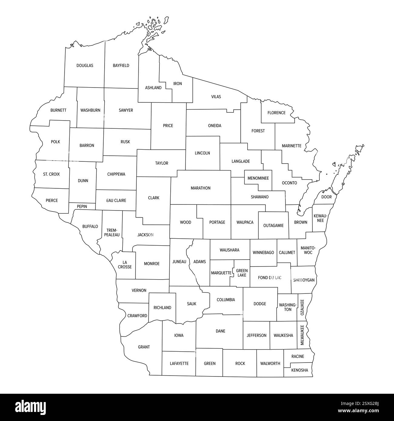 État du Wisconsin subdivisé en 72 comtés, carte de contour. Un État de la région des grands Lacs du Haut Midwest des États-Unis. Banque D'Images État du Wisconsin subdivisé en 72 comtés, carte de contour. Un État de la région des grands Lacs du Haut Midwest des États-Unis. Banque D'Images