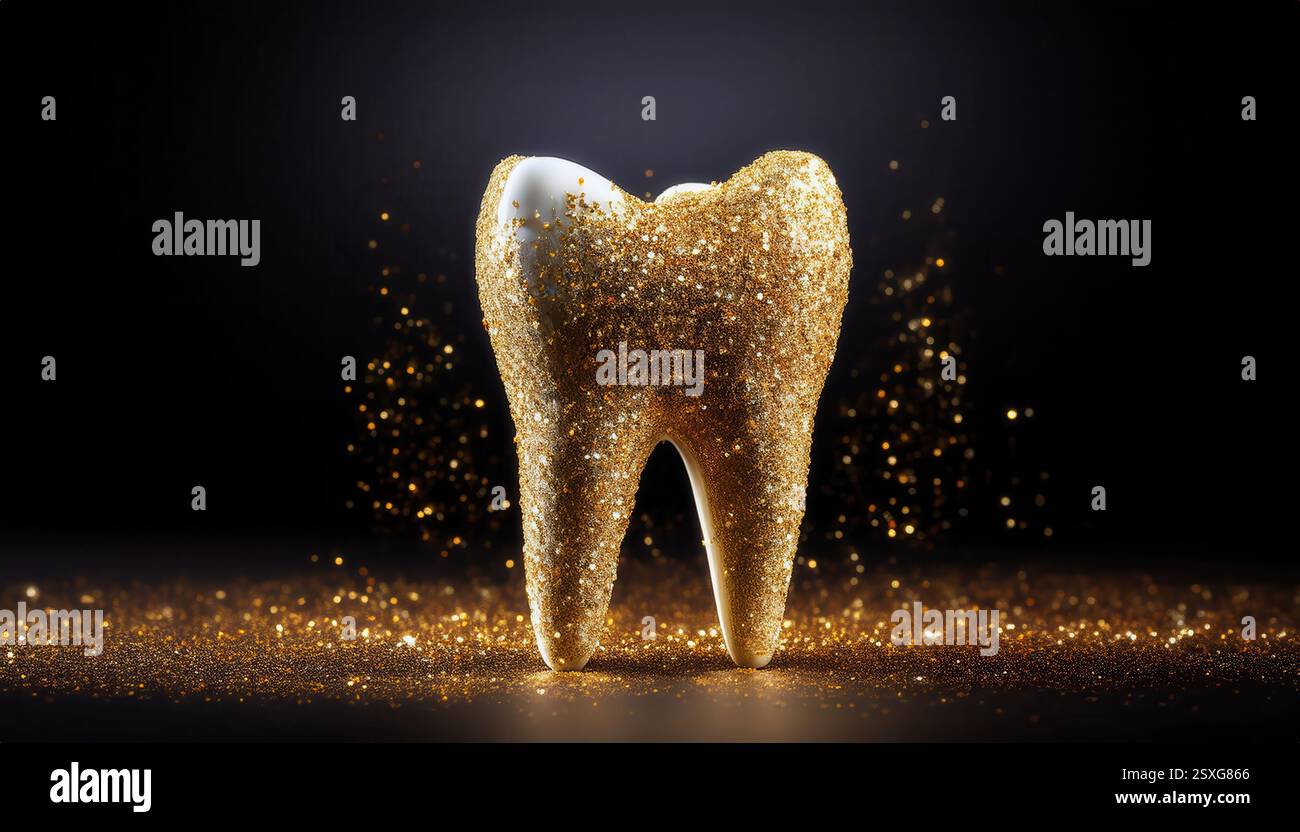 Une sculpture de dent dorée scintille, symbolisant la beauté de l'hygiène dentaire. Banque D'Images