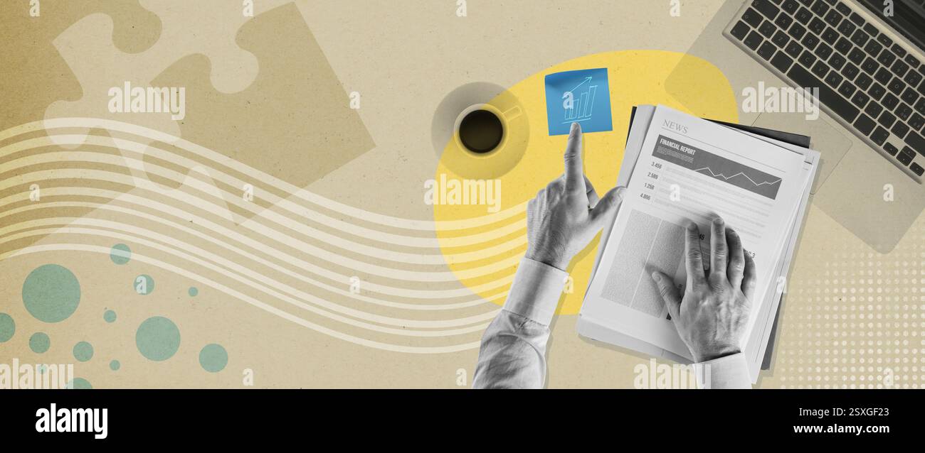 Dirigeant d'entreprise travaillant au bureau, il vérifie les graphiques financiers et pointage, collage créatif Banque D'Images