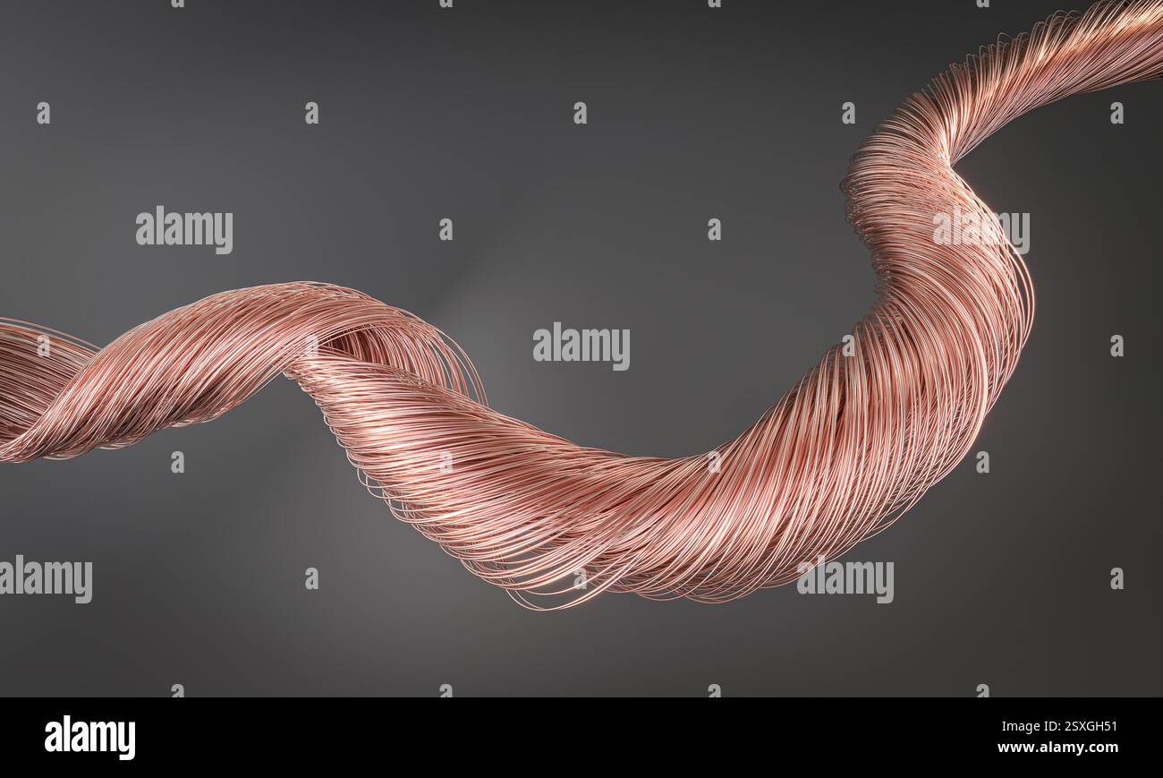 Fil de cuivre formant un élégant fond sombre en spirale 3D. Banque D'Images