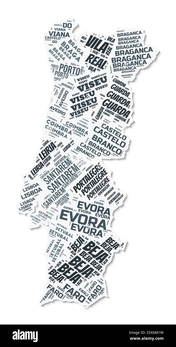 Nuage de texte de forme Portugal. Frontière de pays avec ombre sur fond blanc. Portugal avec division des régions dans le style vintage gazette. Illustration de Vecteur