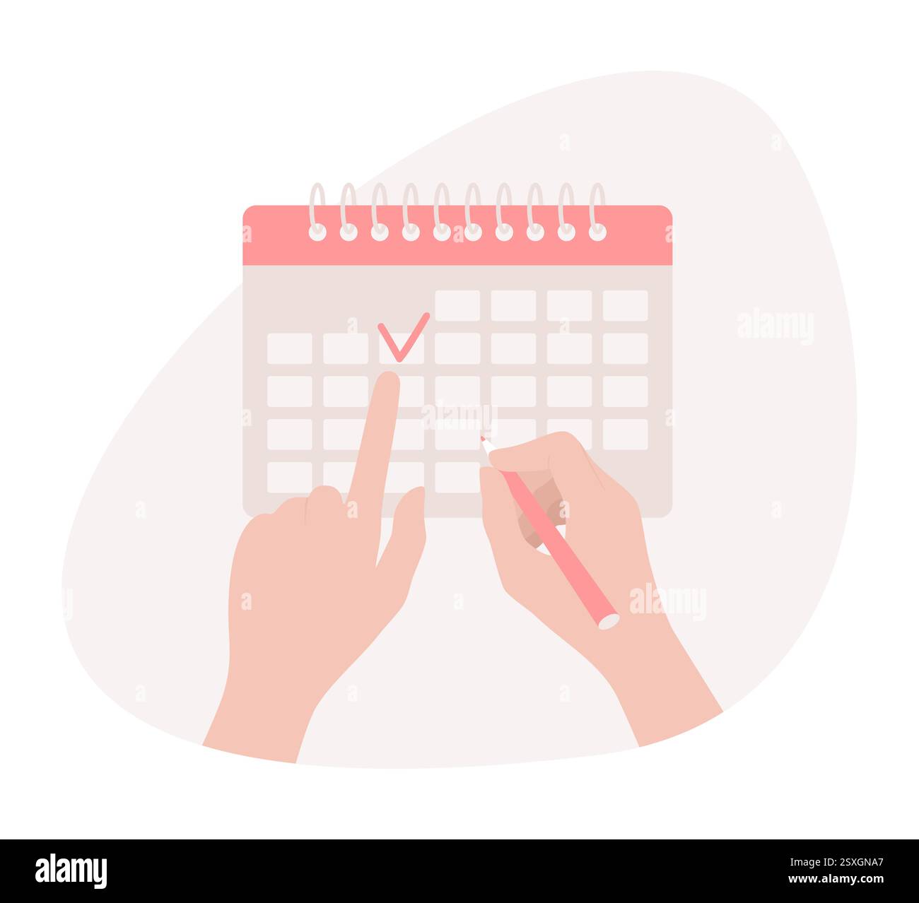Mains tenant un stylo et pointant vers une date cochée rouge sur un calendrier, illustration vectorielle plate Illustration de Vecteur