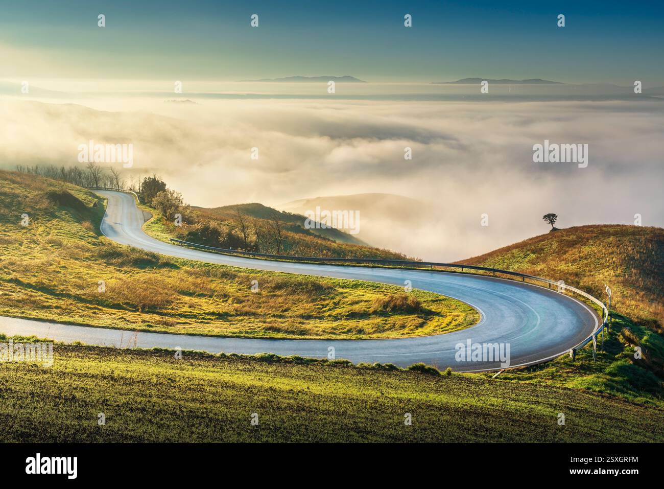 Route avec virage en épingle à cheveux dans le paysage toscan près de Volterra sur un matin brumeux. Province de Pise, région Toscane, Italie Banque D'Images