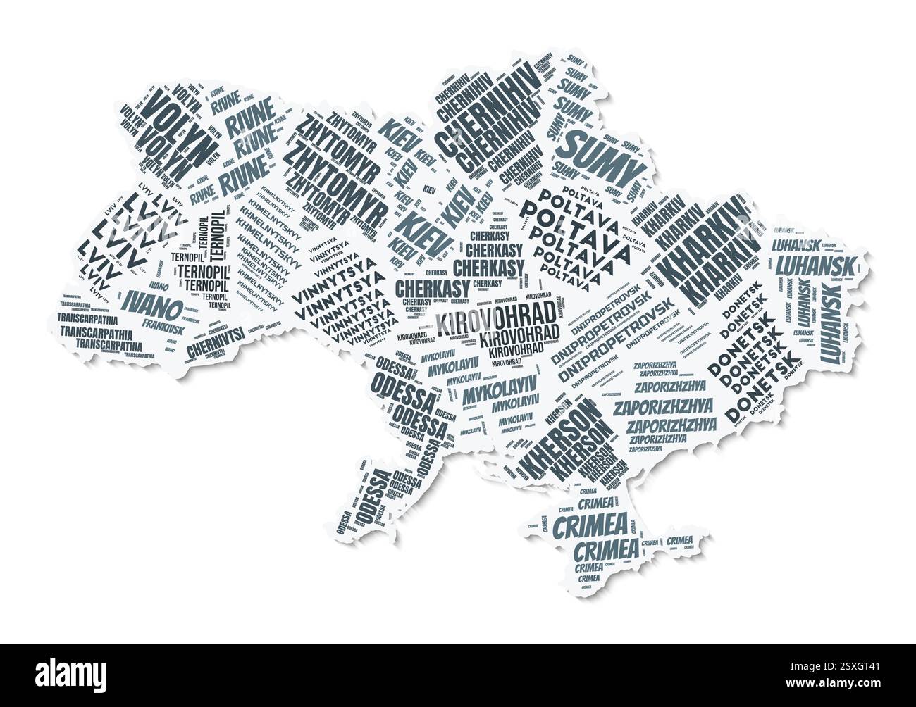 Nuage de texte de forme Ukraine. Frontière de pays avec ombre sur fond blanc. Ukraine avec la division des régions dans le style vintage gazette. Illustration de Vecteur