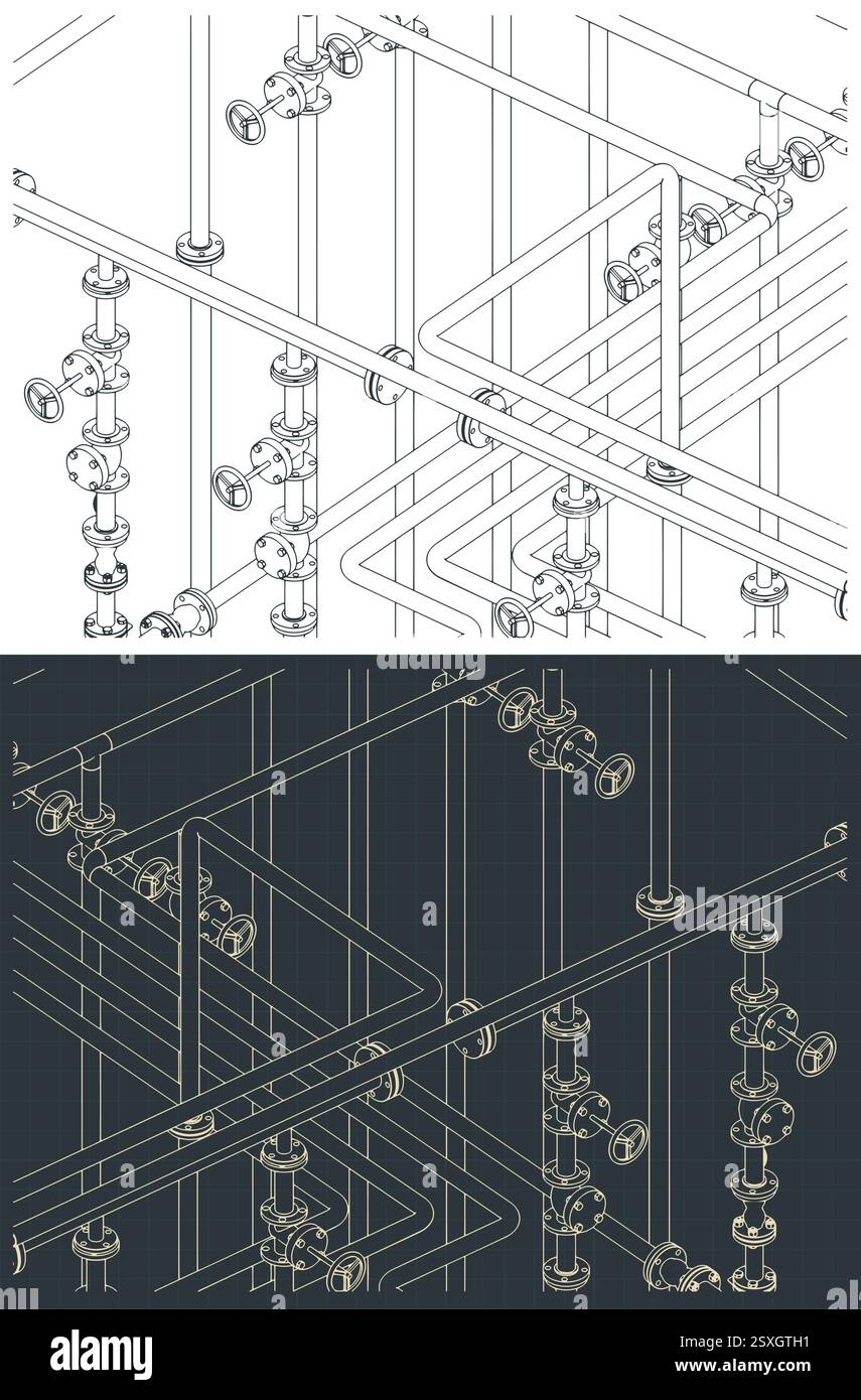 Illustrations vectorielles stylisées de dessins isométriques de tuyaux industriels et de vannes Illustration de Vecteur