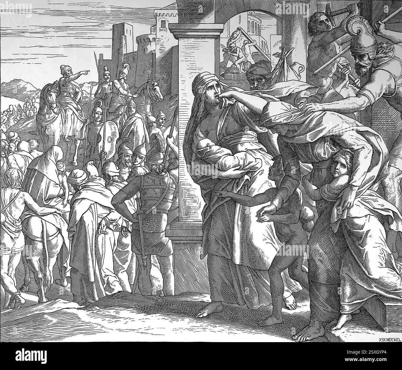 Bible. Descruction de Jérusalem de Sennachérib. 2e Livre des Rois. Illustration de J. Schnorr von Carolsfeld (1794-1872) Banque D'Images