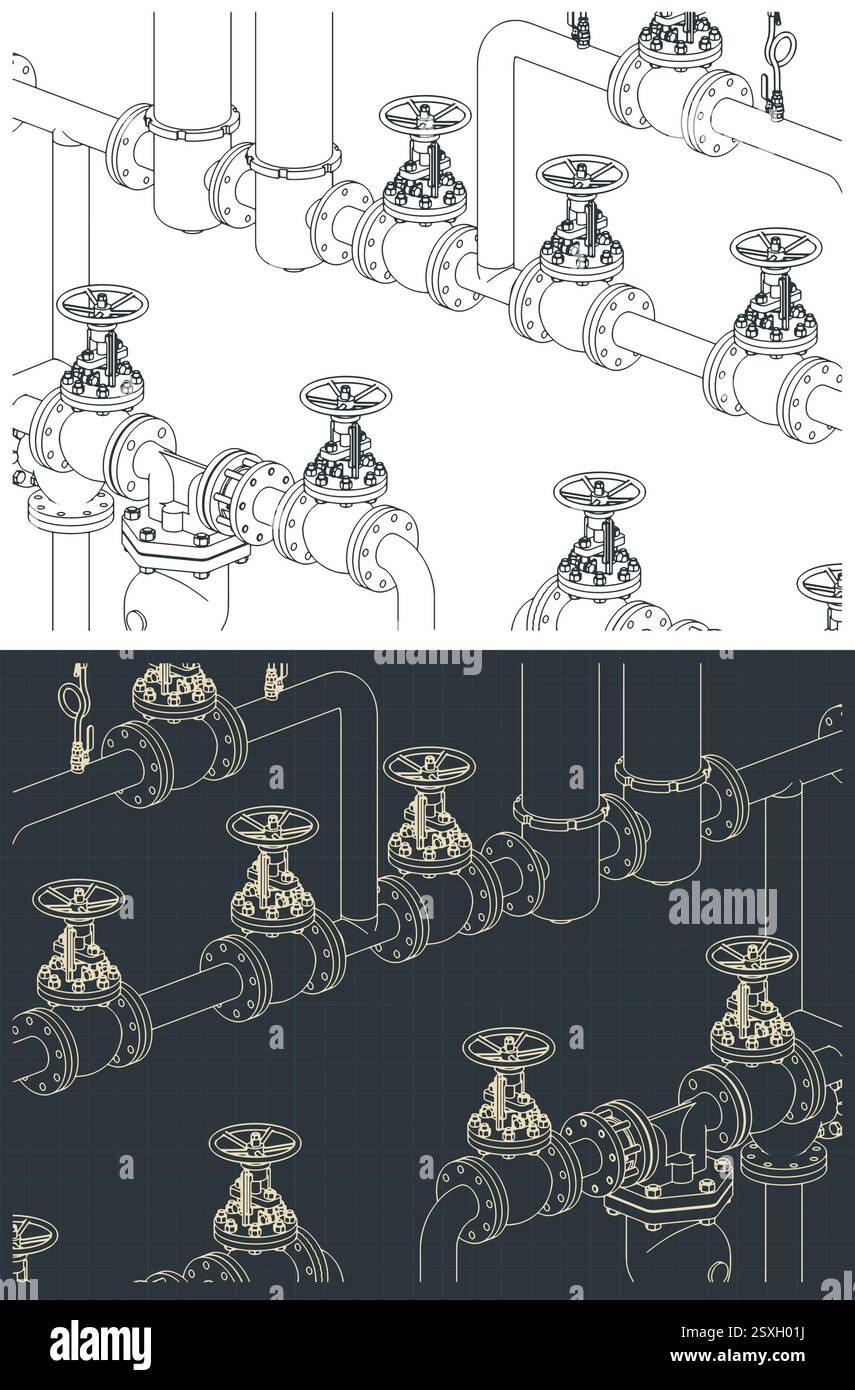 Illustrations vectorielles stylisées de dessins isométriques de vannes et de tuyaux industriels Illustration de Vecteur