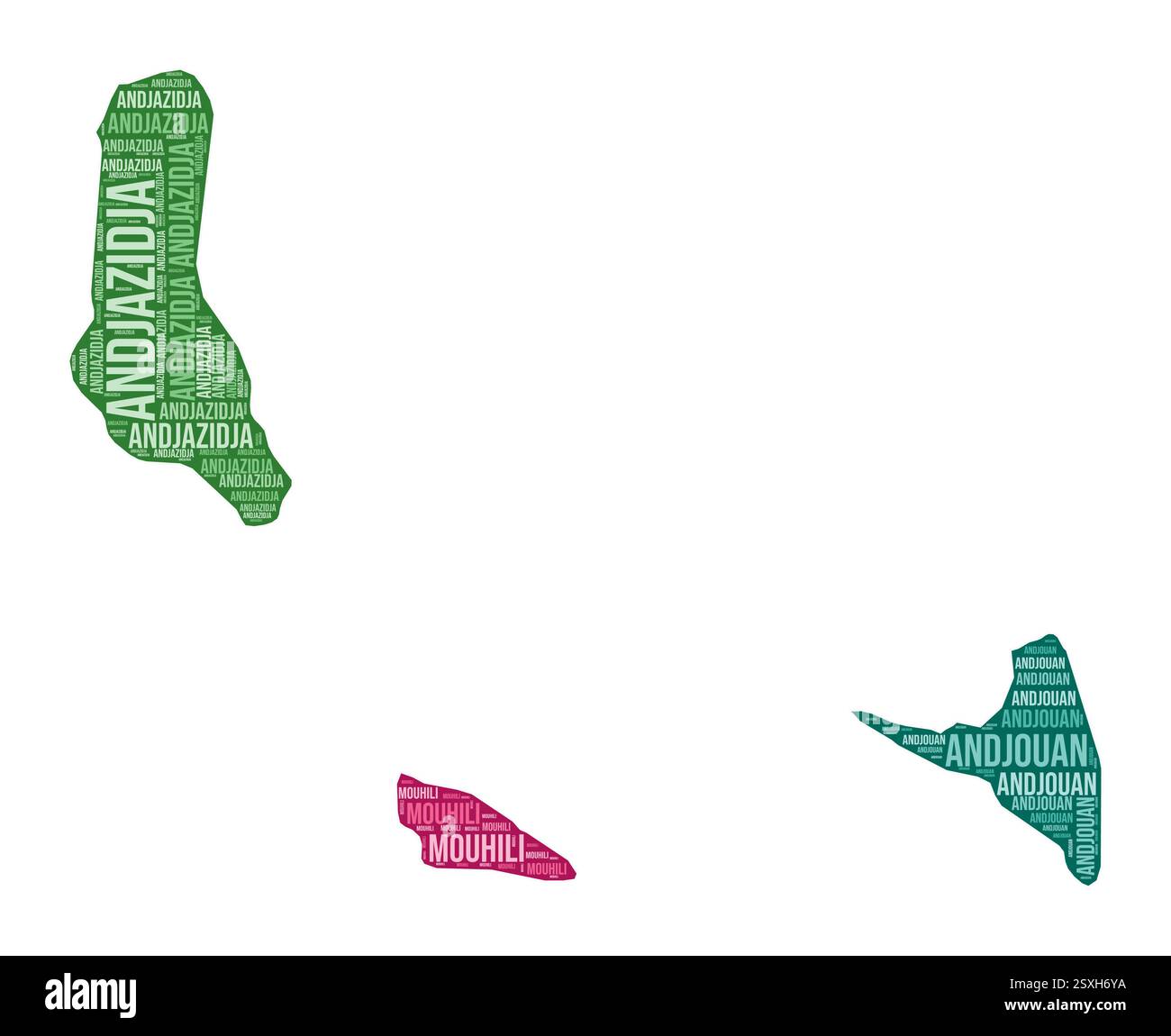 Forme Comores. Nuage de mots de pays avec division de région. Comores illustration colorée. Nuage de noms de région. Illustration vectorielle. Illustration de Vecteur