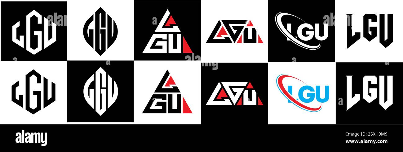Conception de logo de lettre LGU dans le style six. LGU polygone, cercle, triangle, hexagone, style plat et simple avec variation de couleur noir et blanc lettre logo se Illustration de Vecteur