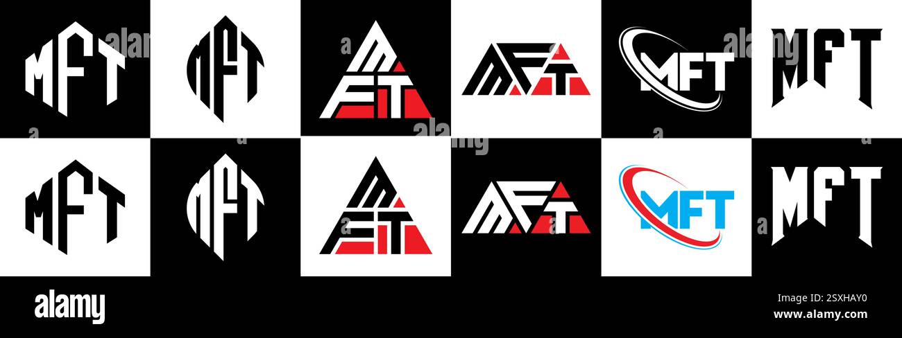 Conception de logo de lettre MFT dans le style six. MFT polygone, cercle, triangle, hexagone, style plat et simple avec couleur noir et blanc variation lettre logo se Illustration de Vecteur