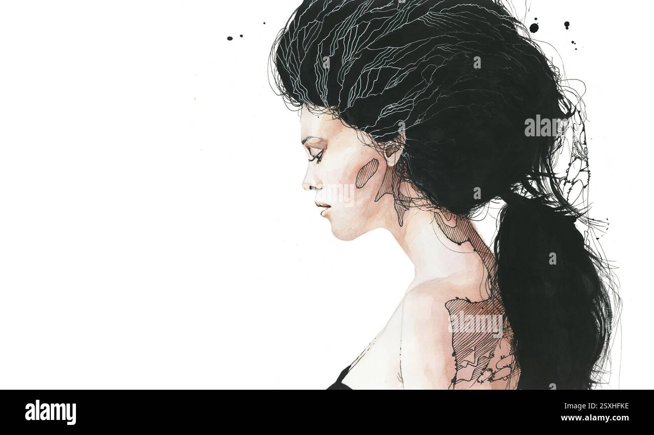 Femme triste ayant une lutte intérieure peignant des œuvres d'art. Santé mentale, anxiété, art conceptuel de perte, espace de copie Banque D'Images