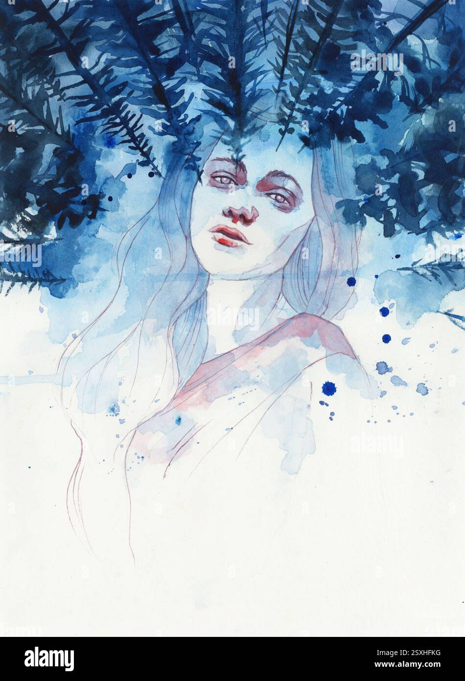 Femme triste ayant une lutte interne, peinture de fond de forêt. Santé mentale, anxiété, perte, salut dans la nature concept art Banque D'Images