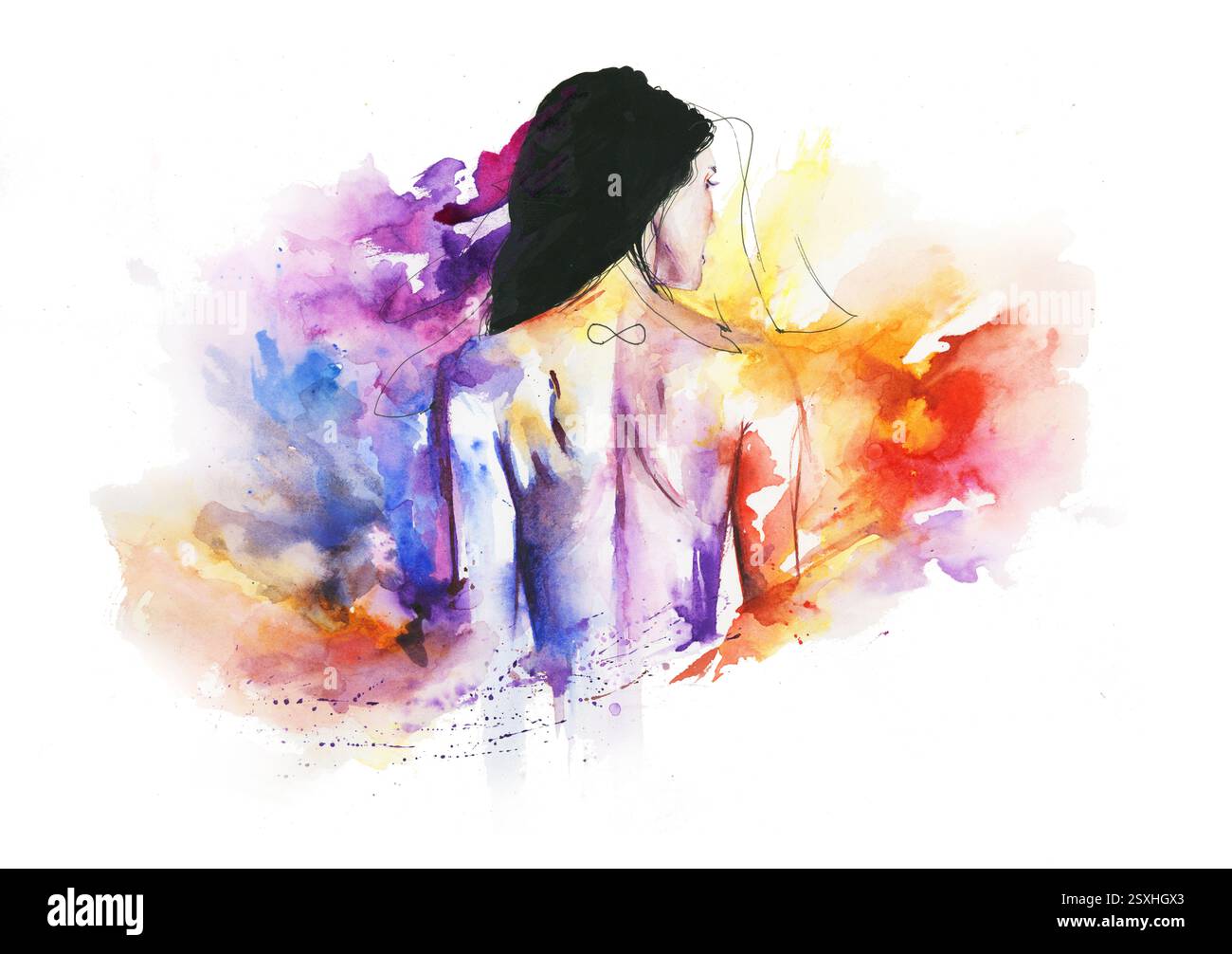 Femme sensible fragile avec des illustrations de tatouage à l'infini. Fragilité, incertitude, temporarité, éternité, art conceptuel éternel Banque D'Images