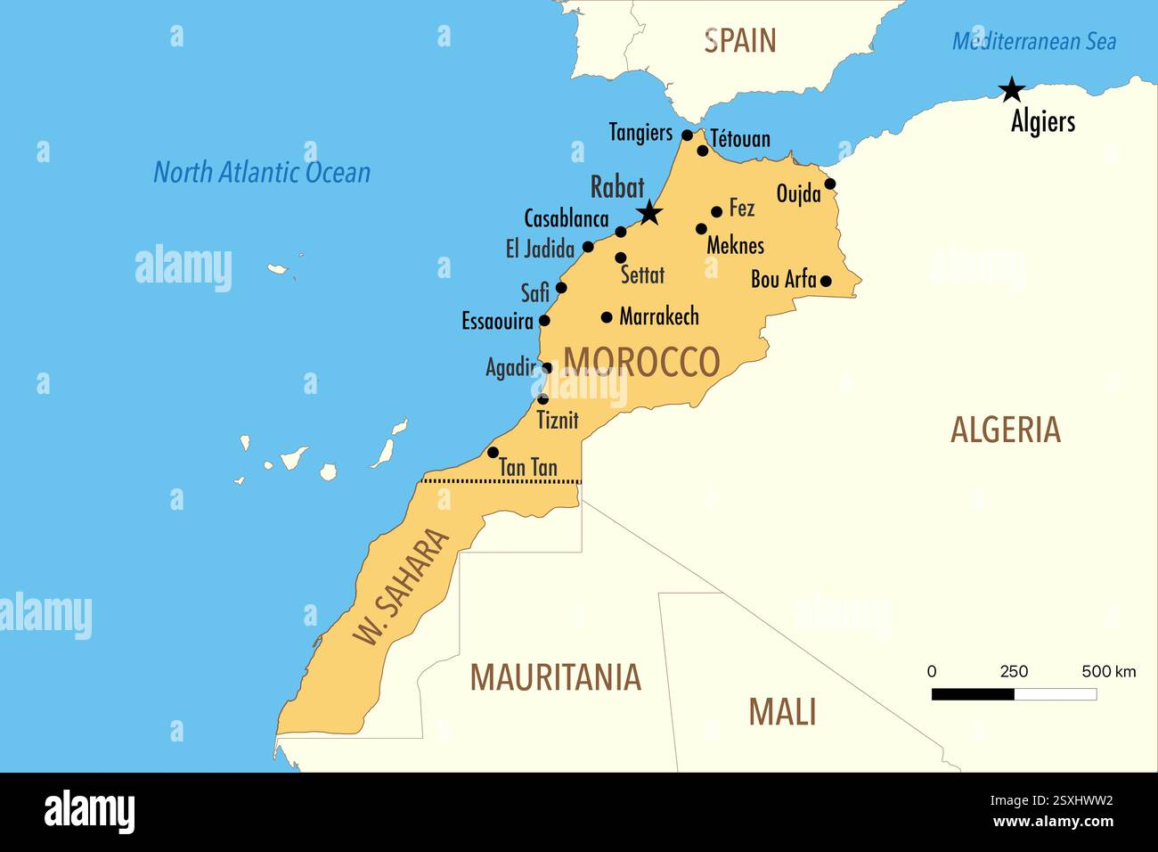 Carte du Maroc et du Sahara Occidental avec les grandes villes et les pays voisins Banque D'Images