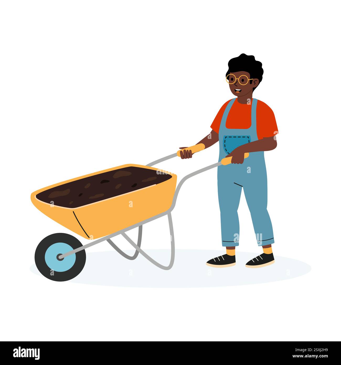 Personne poussant une brouette remplie de terre dans un jardin pendant les heures de lumière du jour Illustration de Vecteur