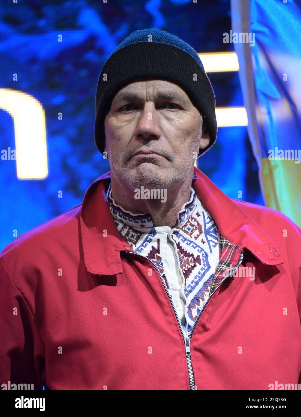 LONDRES, ROYAUME-UNI. 24 février 2025. Orateur John Harding, prisonnier de guerre britannique à l'occasion du troisième anniversaire de l'invasion russe de l'Ukraine, des familles ukrainiennes et leurs partisans se rassemblent pour un rassemblement à Trafalgar Square, Londres, Angleterre. (Photo de 李世惠/Voir Li/Picture Capital) crédit : Voir Li/Picture Capital/Alamy Live News Banque D'Images