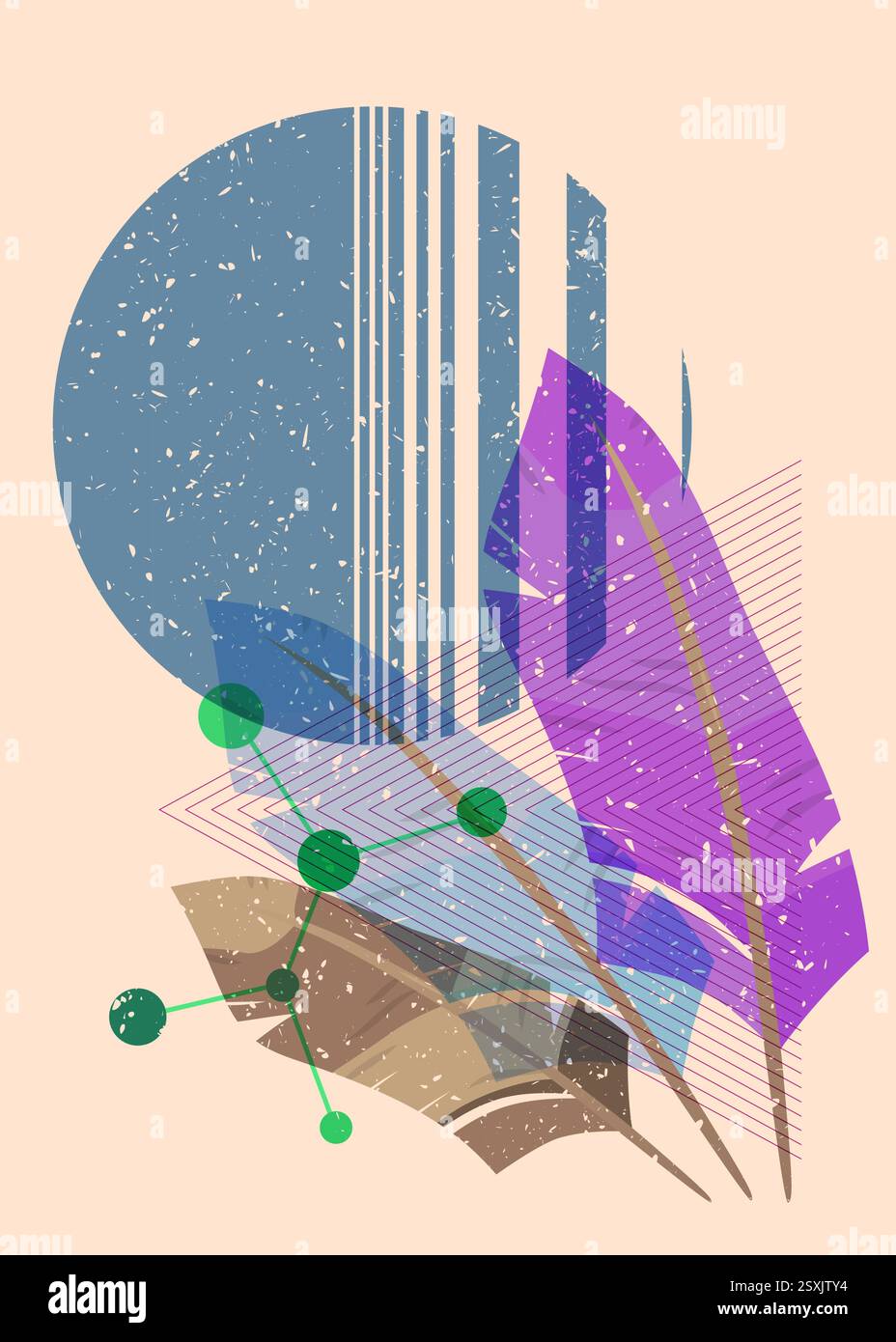 Risograph Feather avec des formes géométriques. Les objets dans le graphique riso à la mode impriment la conception de style de texture avec des éléments géométriques. Illustration de Vecteur