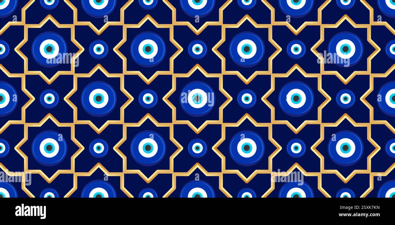 Motif mauvais oeil sans couture. Fond vectoriel turc avec des perles bleues et nazar magique. Amulette grecque mystique est le symbole de la protection et de la chance. Arabe Illustration de Vecteur