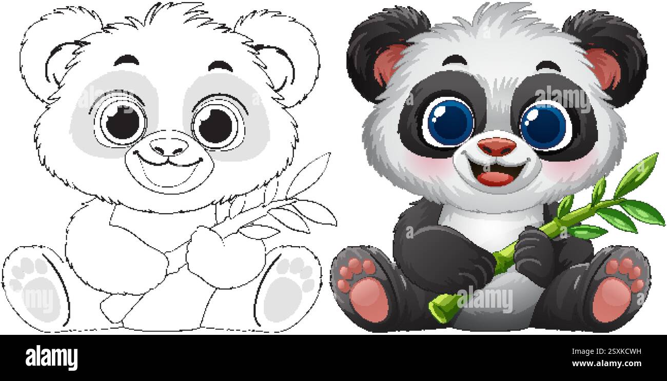 Panda mignon tenant bambou, dessins animés et versions de contour Illustration de Vecteur