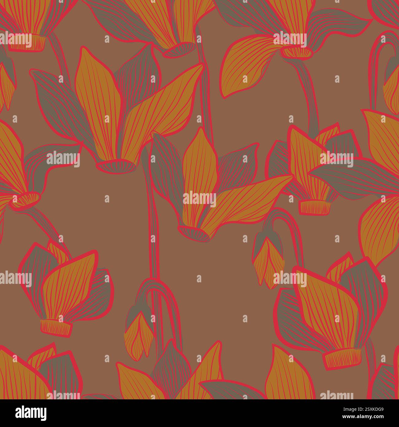 Fleurs stylisées, Cyclamen Spring line illustration d'art Cyclamen Flowers Seamen Seamless Pattern. Illustration vectorielle dessinée à la main. Papier peint, tissu Illustration de Vecteur