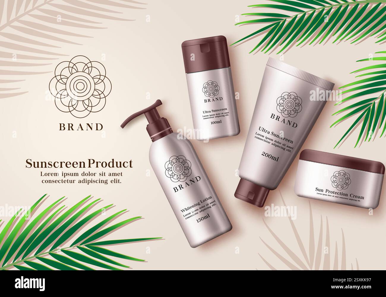 Bannière vectorielle de produit cosmétique de protection solaire. Élément de bouteille de maquette de crème solaire de lotion blanchissante, crème solaire ultra et crème de protection solaire pour l'été Illustration de Vecteur