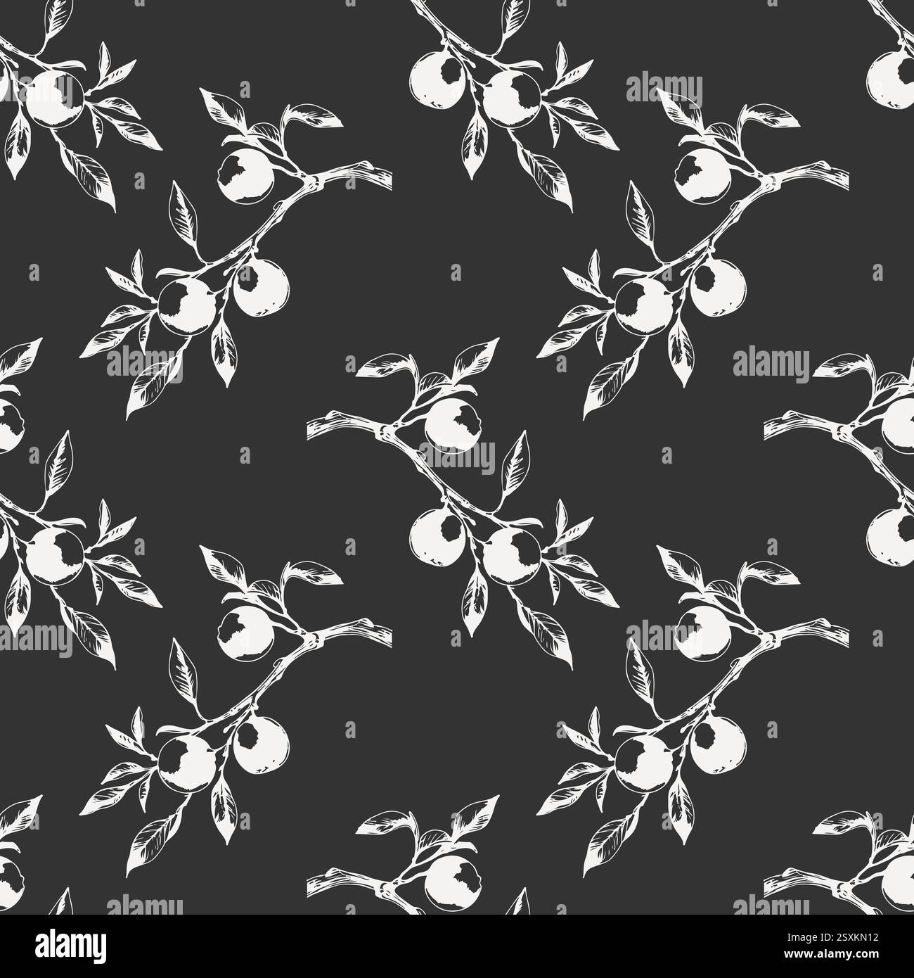 Motif de branche de mandarine avec des fruits, impression blanche sur fond sombre. Illustration vectorielle Illustration de Vecteur