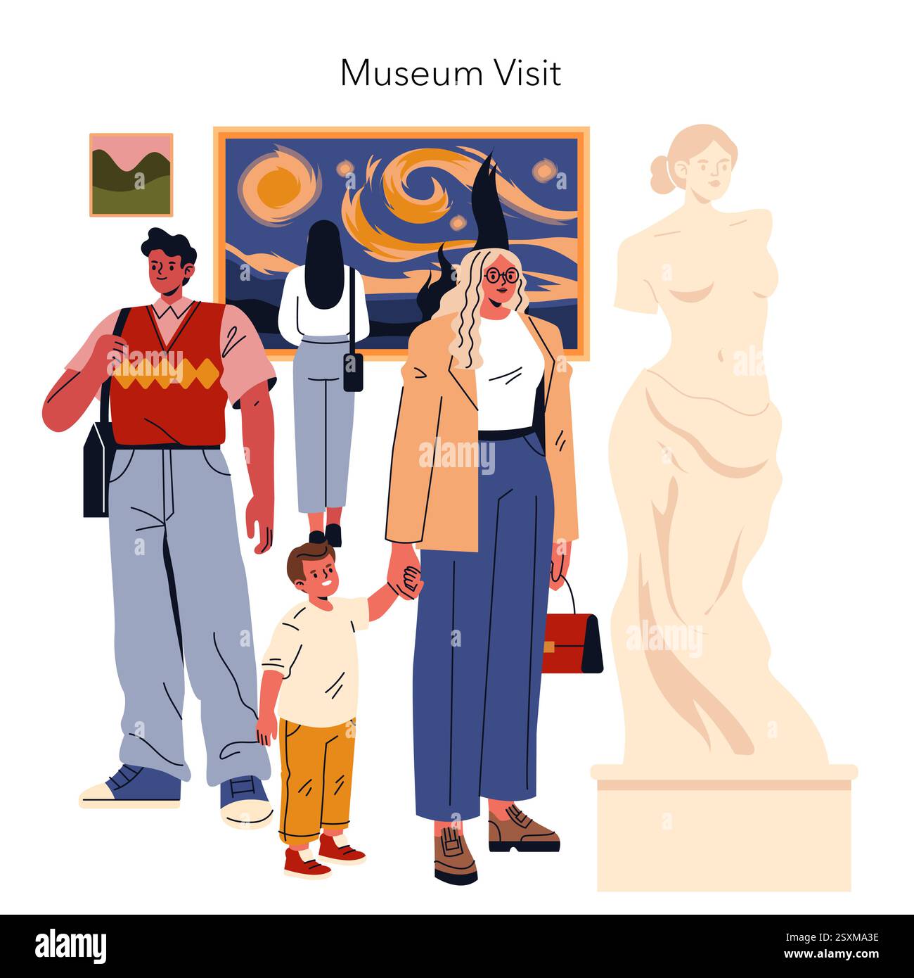 Concept de visite de musée. Une famille profitant de leur journée dans un musée, s'engageant dans l'art et la culture. La scène capture des moments d'exploration, d'éducation et d'inspiration, mettant en vedette divers visiteurs appréciant les multiples Illustration vectorielle. Illustration de Vecteur