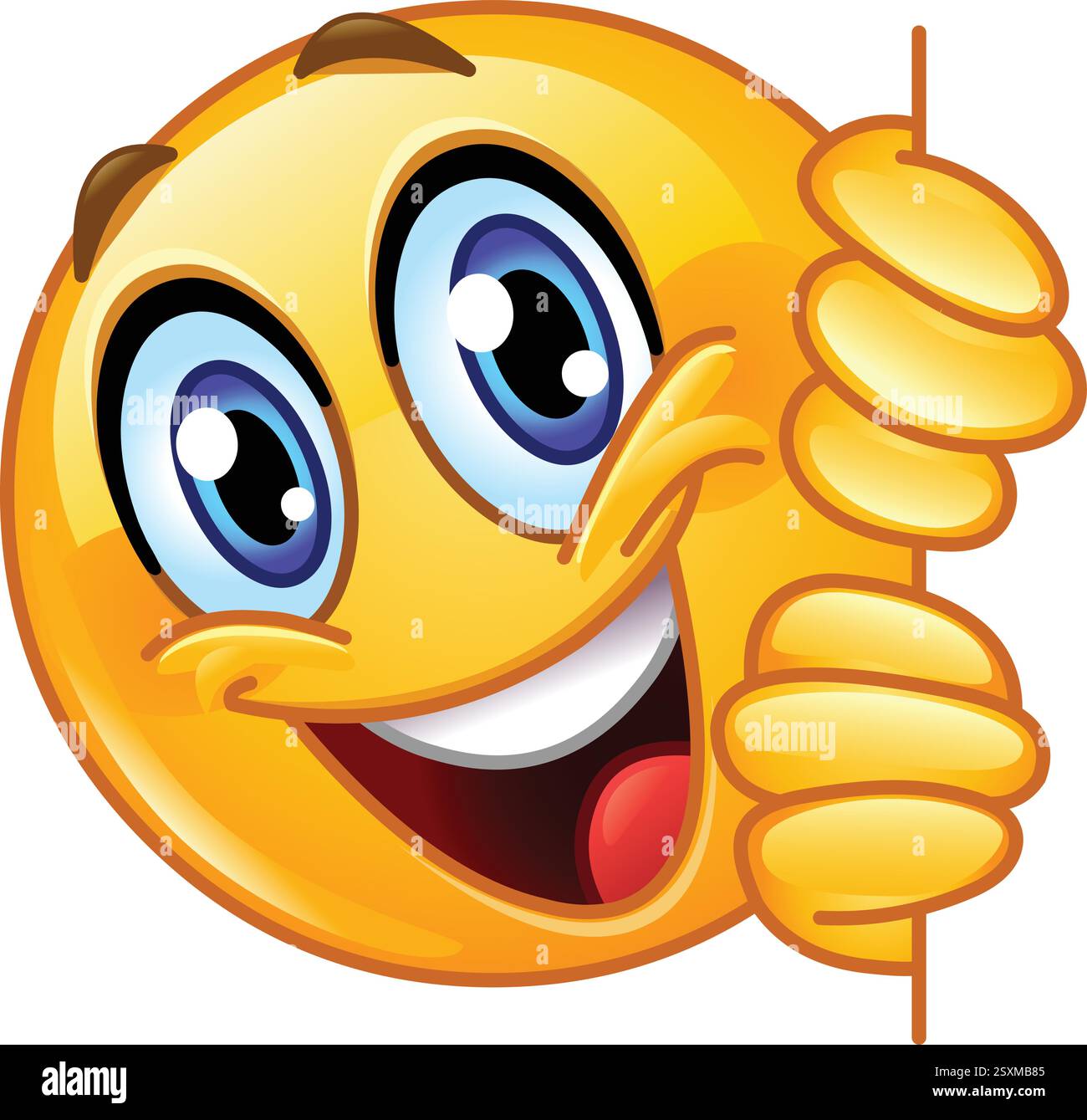 Émoticône emoji ludique regardant derrière un mur avec un grand sourire Illustration de Vecteur