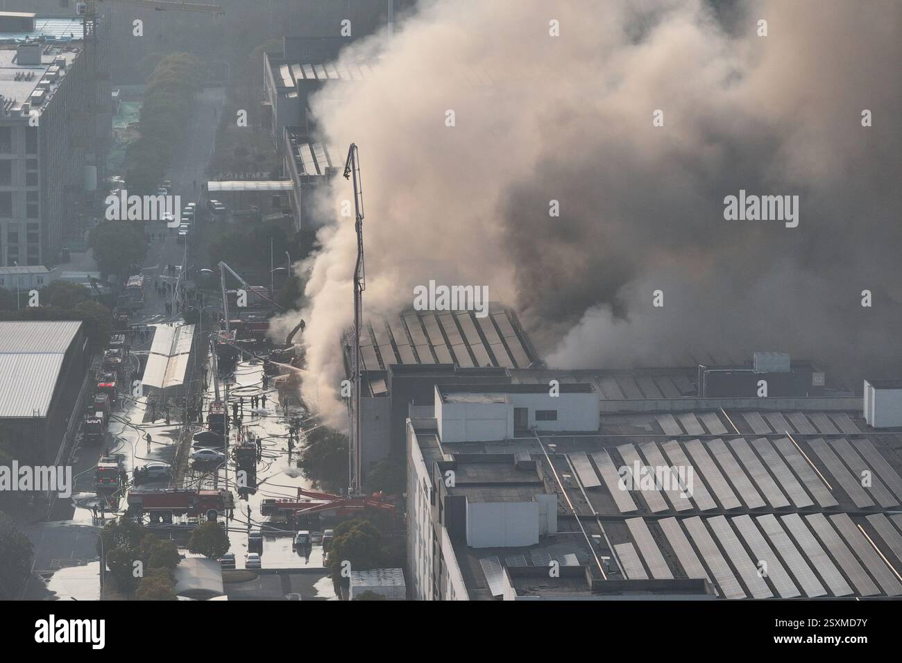 NANJING, CHINE - 25 FÉVRIER 2025 - des pompiers combattent un incendie dans une entreprise de la zone de libre-échange complète de Nanjing, dans l'est de la Chine, Jian Banque D'Images