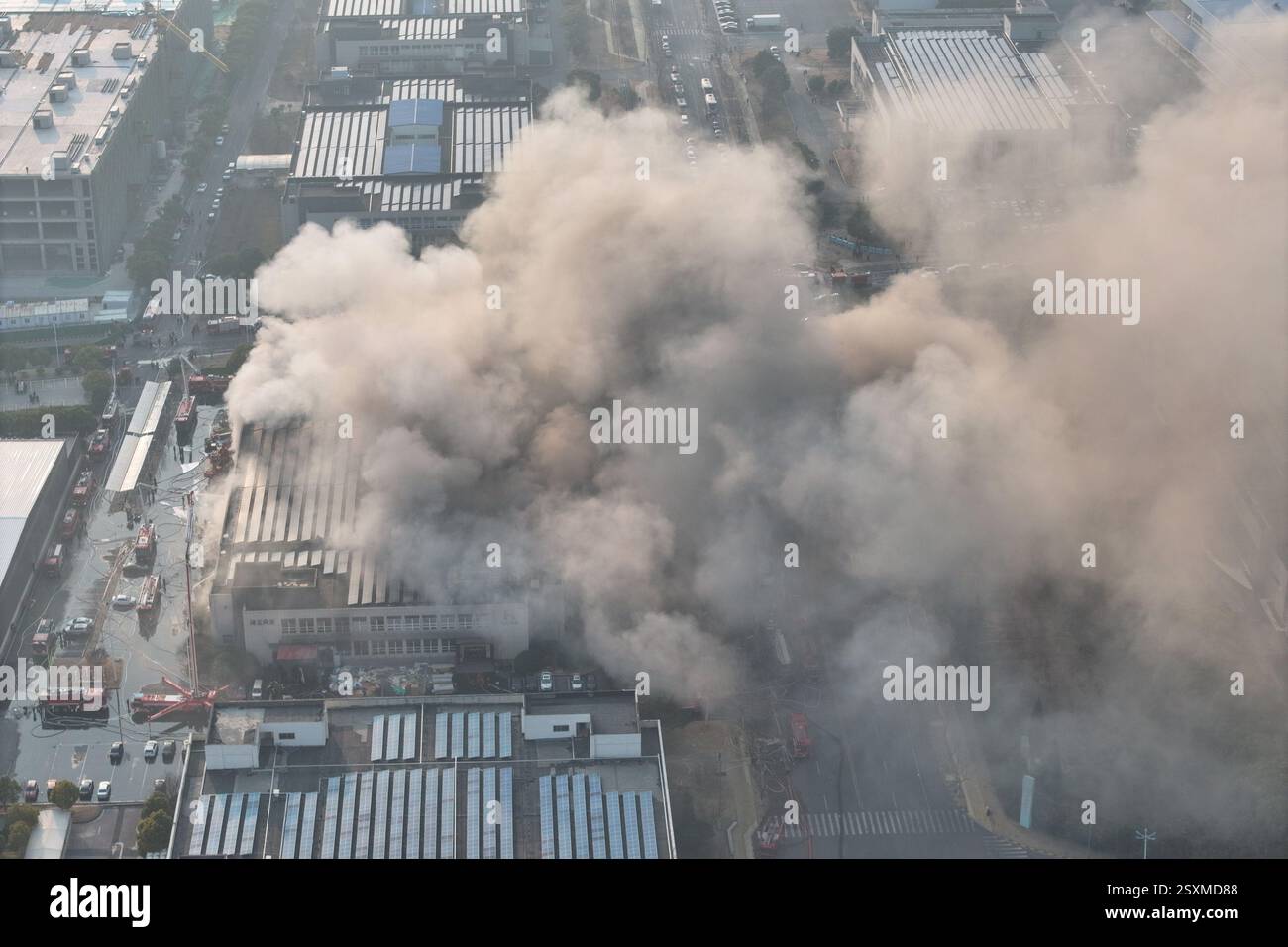 NANJING, CHINE - 25 FÉVRIER 2025 - des pompiers combattent un incendie dans une entreprise de la zone de libre-échange complète de Nanjing, dans l'est de la Chine, Jian Banque D'Images