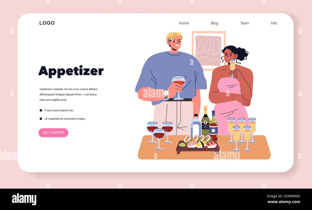 Dîner avec deux invités dégustant des hors-d'œuvre et des boissons. L'atmosphère est sociale et festive, avec une variété de cocktails et de plats exposés. Parfait pour la planification d'événements ou les illustrations de restauration. Illustration vectorielle. Illustration de Vecteur