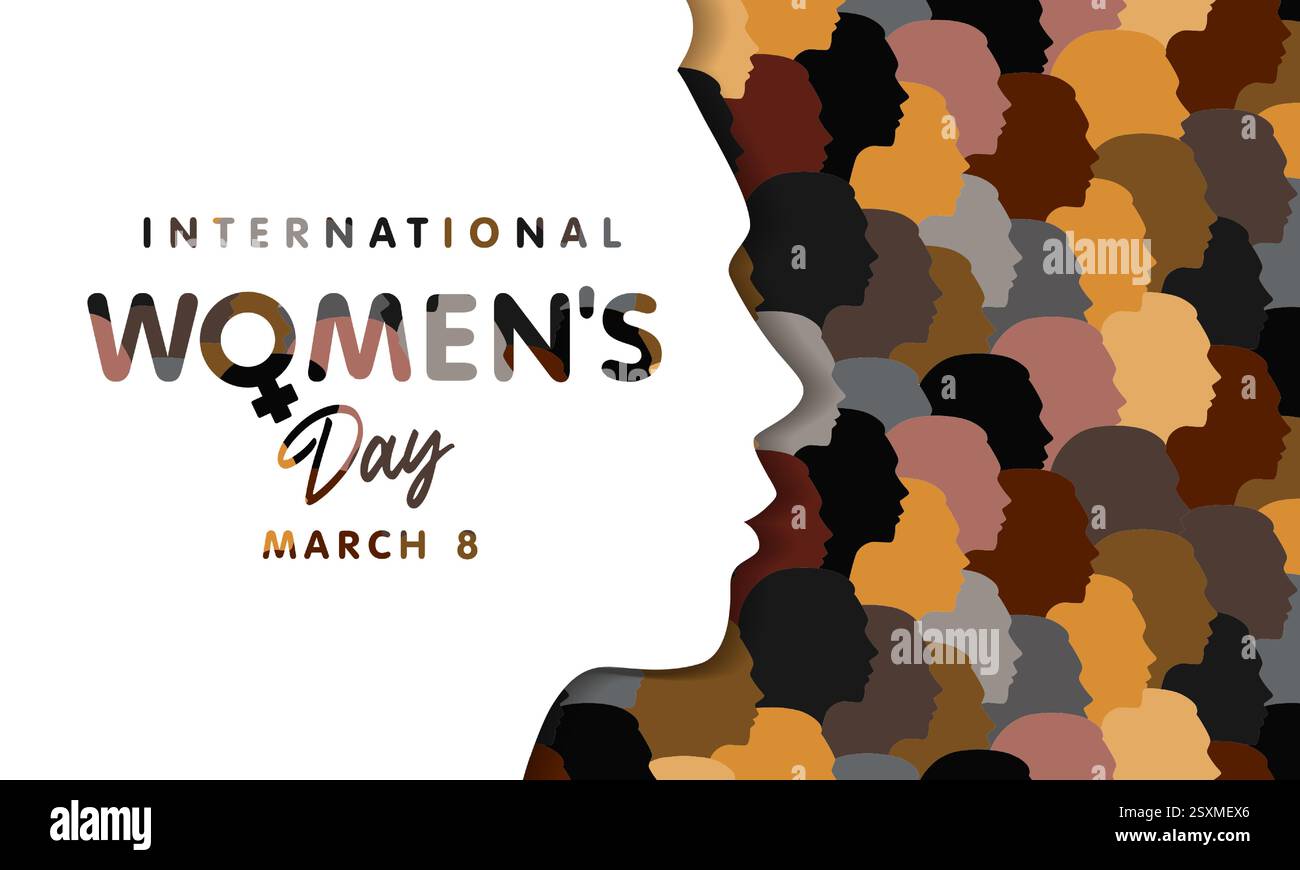 Journée internationale des femmes le 8 mars avec silhouette d'un portrait féminin de profil. Silhouette de visage de fille sur un motif avec divers visages de femme. Vecteur Illustration de Vecteur