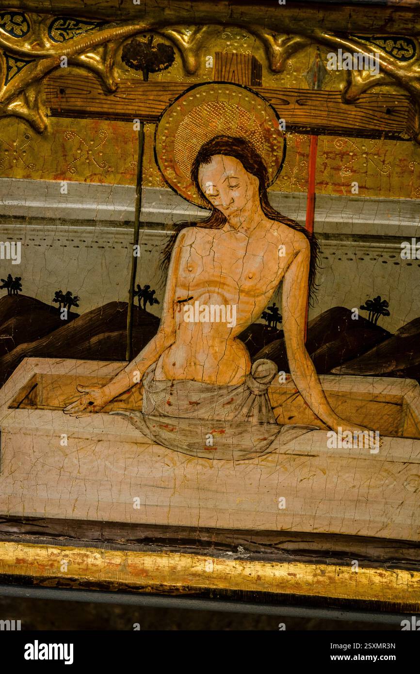 Retable de Santiago, peinture de temple sur panneau, 15ème siècle, Blasco de Grañen, église du monastère de San Pedro, 11ème-12ème siècles, Siresa, vallée Banque D'Images