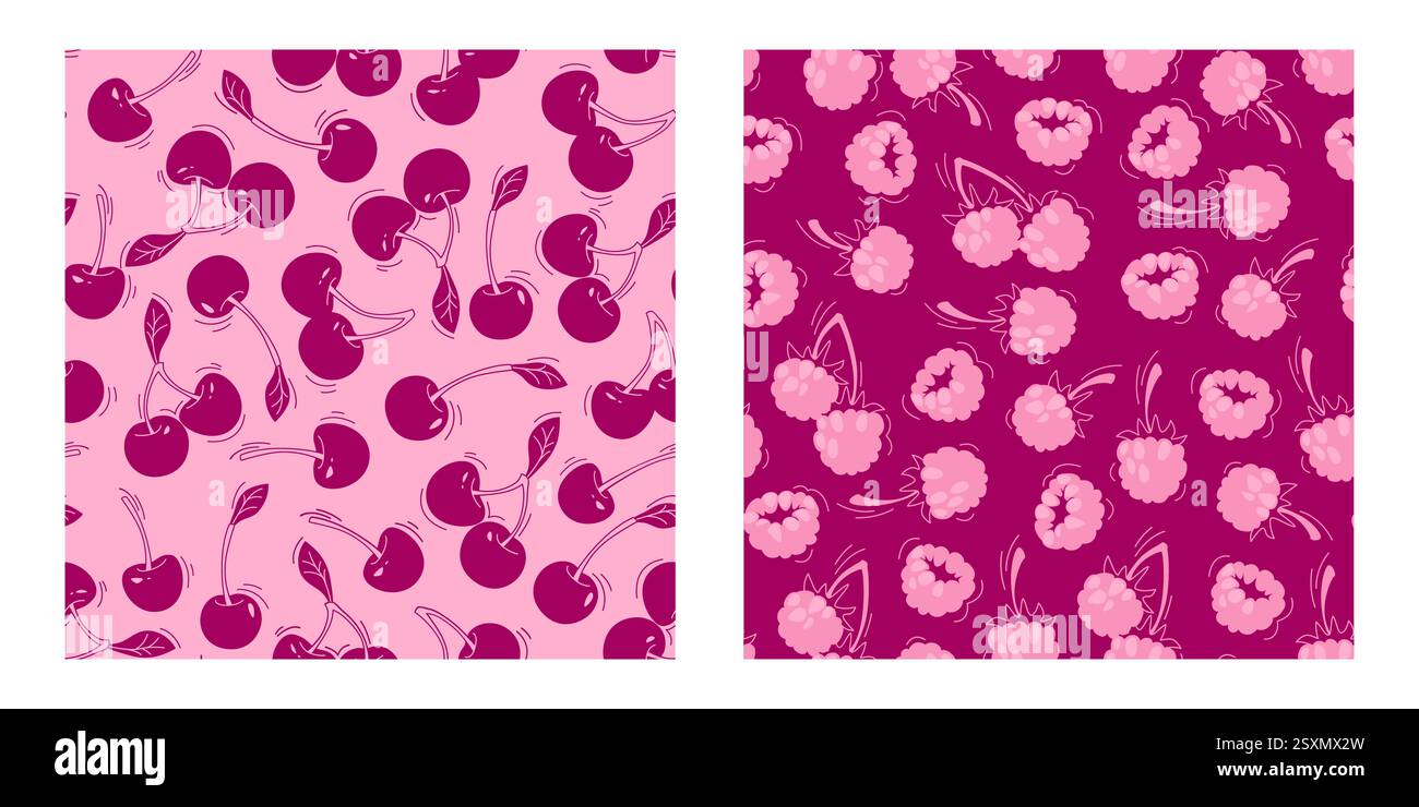 Motifs de baies sans couture ensemble avec des cerises douces sur des framboises roses et juteuses sur fond marron. La silhouette des fruits d'été répète les impressions décorées de feuilles pour les dessins de tissu, de textile ou d'emballage. Illustration de Vecteur