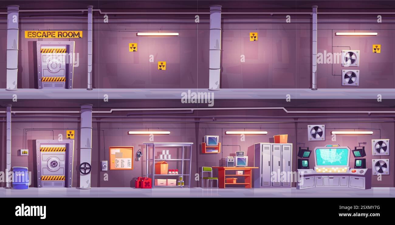 Intérieur souterrain de bunker avec entrée de la salle d'évacuation. Abri secret avec portes de sécurité, avertissements de danger, zone de stockage, station de surveillance. Dessin animé pour scénarios de jeu apocalyptique. Illustration de Vecteur