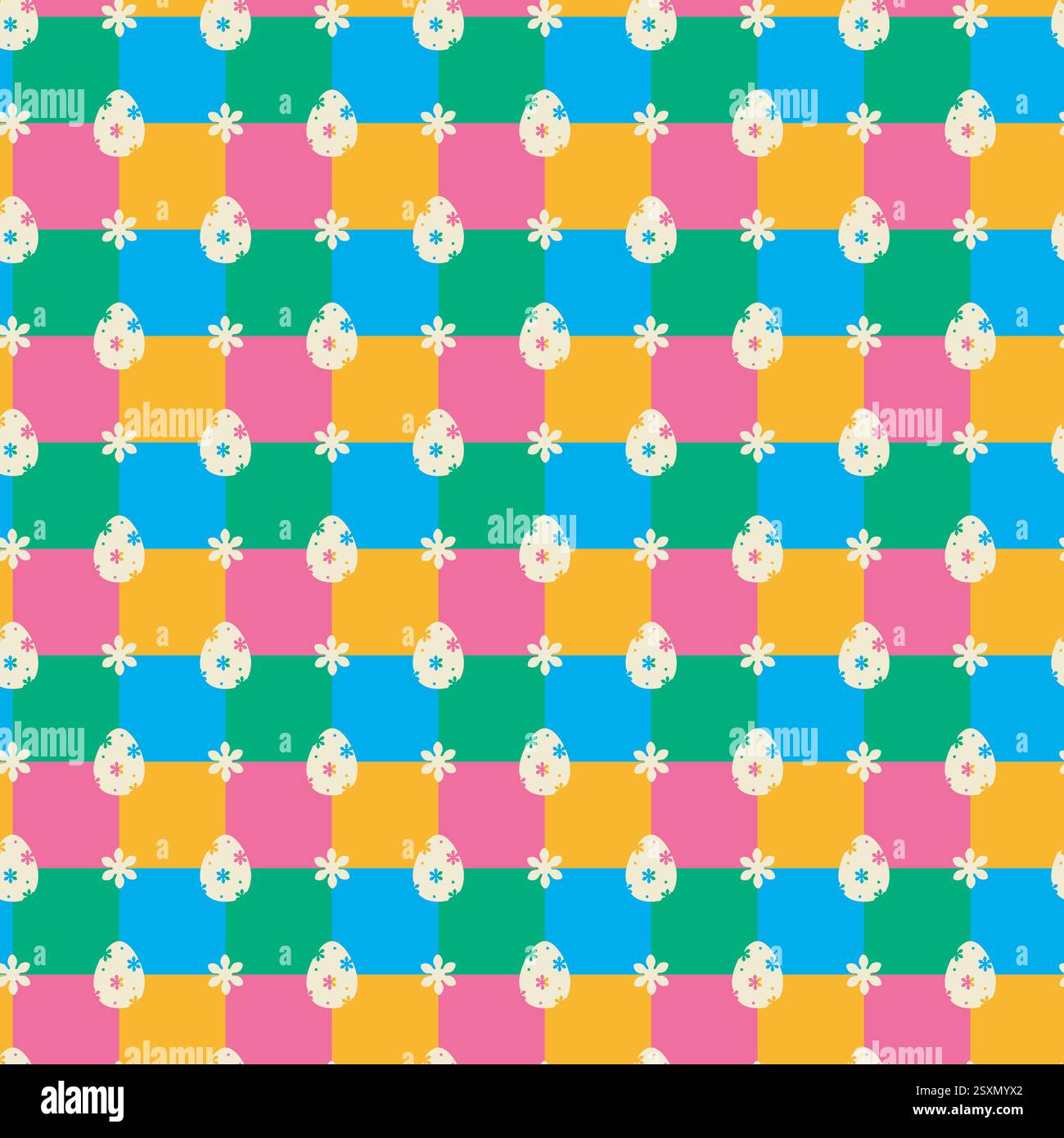 Panneau à carreaux oeuf de Pâques, motif sans couture abstrait en forme de fleur. Mignonne grille géométrique décorative. Bleu rose vert jaune palette de couleurs vives Illustration de Vecteur