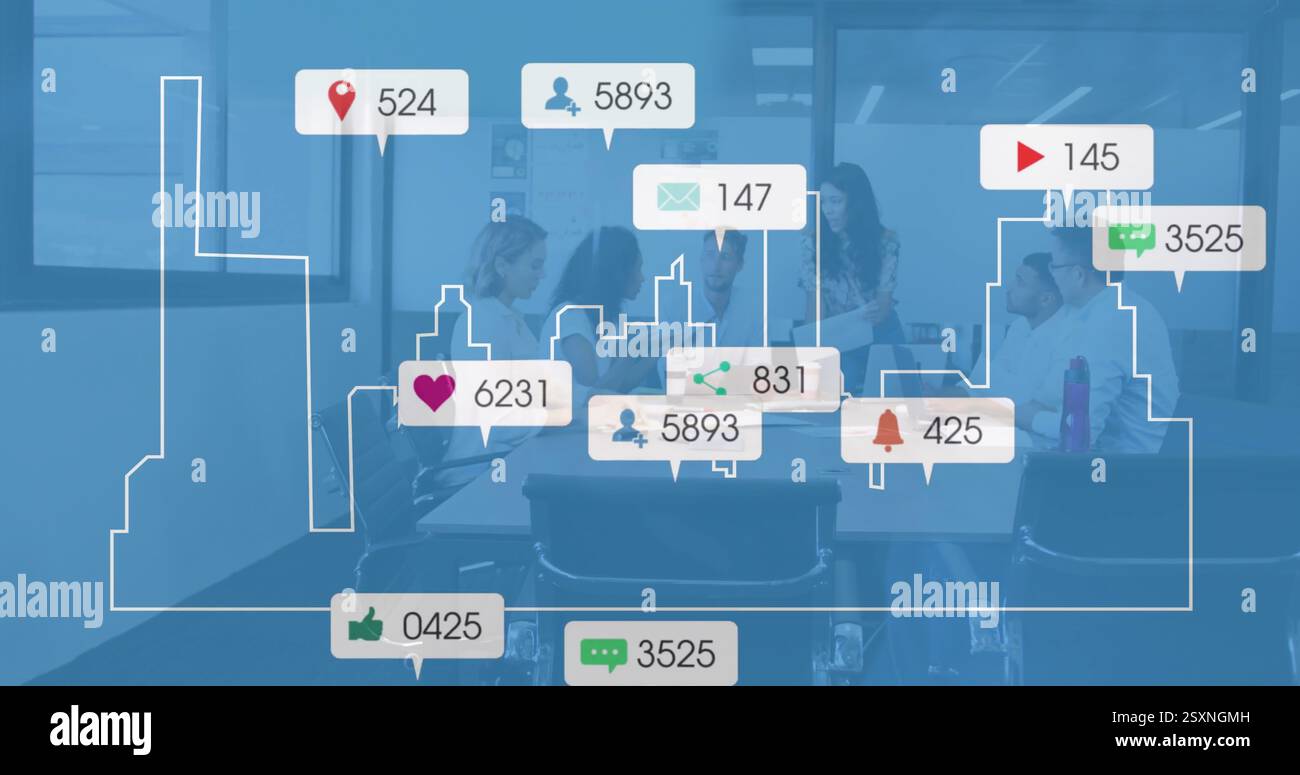 Images des icônes d'engagement des médias sociaux au-dessus de l'équipe commerciale diversifiée en réunion Banque D'Images