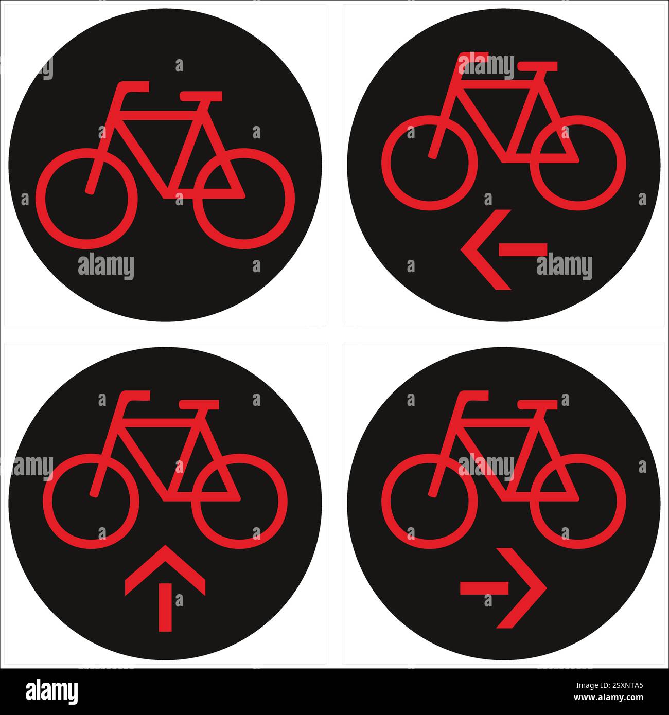 Quatre panneaux rouges indiquant les directions autorisées sur un fond circulaire noir. Illustration de Vecteur