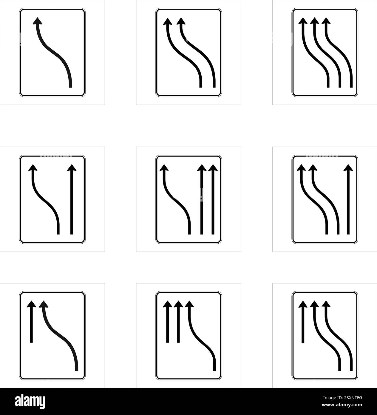 Ensemble de panneaux routiers carrés représentant différentes configurations de voies pour fusionner le trafic sur une autoroute divisée. Illustration de Vecteur