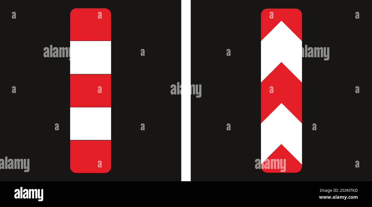 Des bornes de délimitation à rayures rouges et blanches marquent le bord d'une route, améliorant ainsi la visibilité pour les conducteurs, en particulier dans des conditions difficiles. Illustration de Vecteur