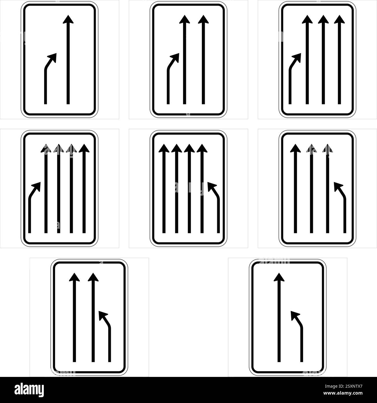 Ensemble de panneaux de signalisation indiquant des voies ajoutées fusionnant de la gauche et de la droite, nombre variable de voies Illustration de Vecteur