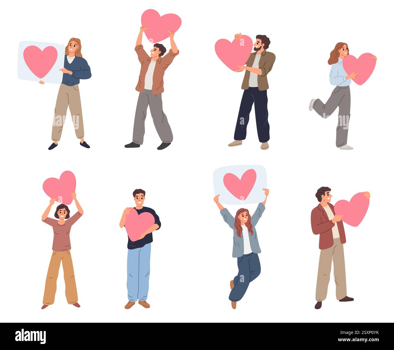 Les gens avec des cœurs d'amour. Homme heureux tenant des symboles romantiques. Femme montrant une pancarte. Démonstration du sentiment de passion. Expression de l'émotion. Relatio romantique Illustration de Vecteur