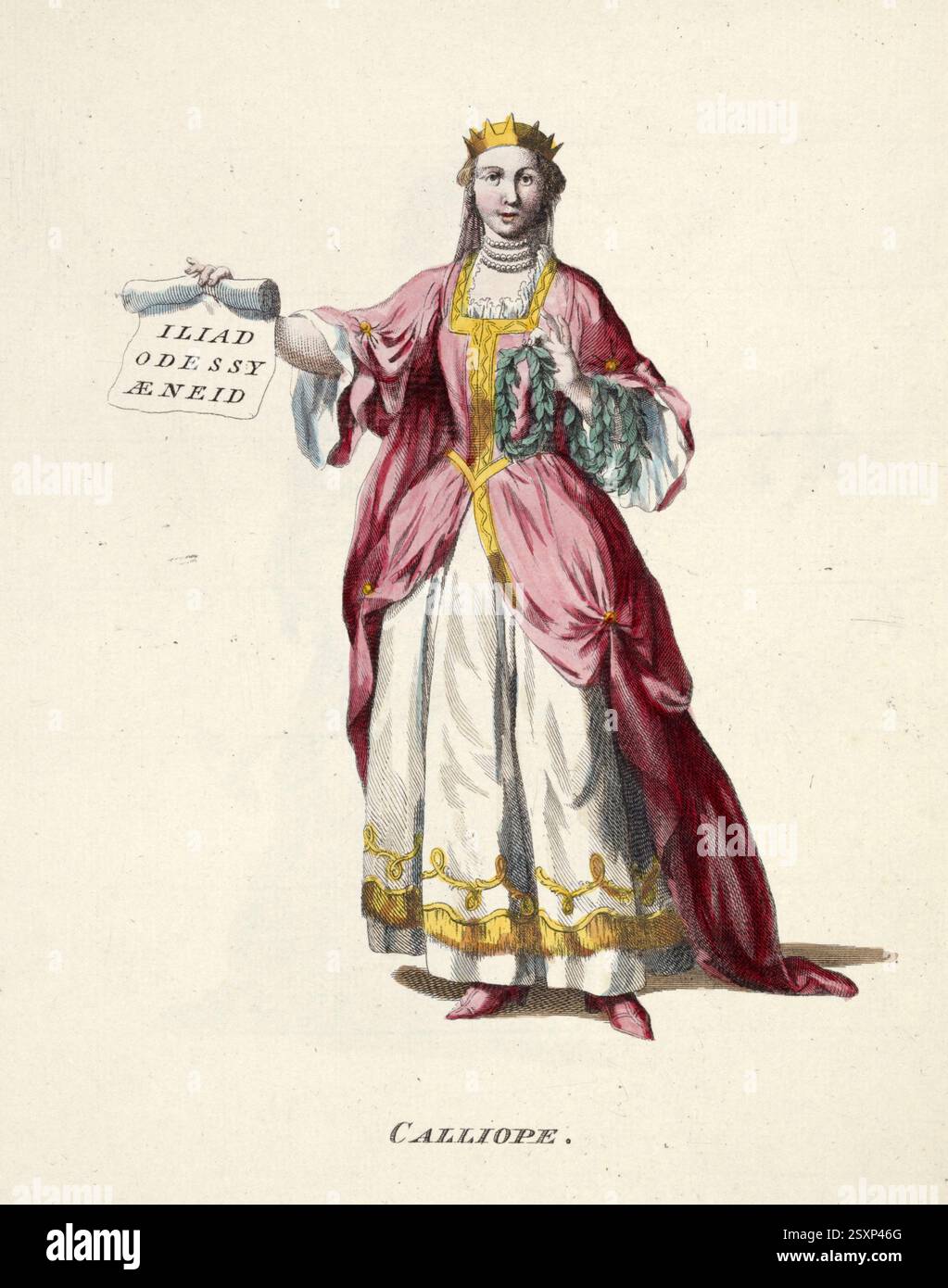 Vêtements historiques, mode à travers le temps, Calliope (1757-1772), Calliope est la plus ancienne et la plus sage des neuf muses classiques et a donc été le juge dans le différend entre Aphrodite et Perséphone sur Adonis, selon la mythologie grecque une des neuf filles de Zeus et Mnémosyne, reproduction restaurée numériquement d'un original du 18ème/19ème siècle, date exacte inconnue, Historische Kleidung, mode im Laufe der Zeit, Kalliope ist die älteste und weiseste der neun klassischen Musen und War daher die Richterin im Streit zwischen Aphrodite und Persephone über den Adonis, nach d Banque D'Images
