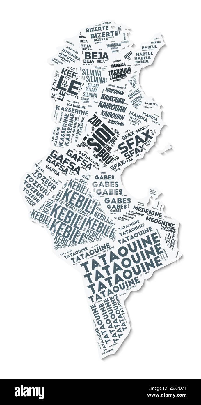 Nuage de texte de forme Tunisie. Frontière de pays avec ombre sur fond blanc. Tunisie avec division des régions dans le style vintage gazette. Illustration de Vecteur