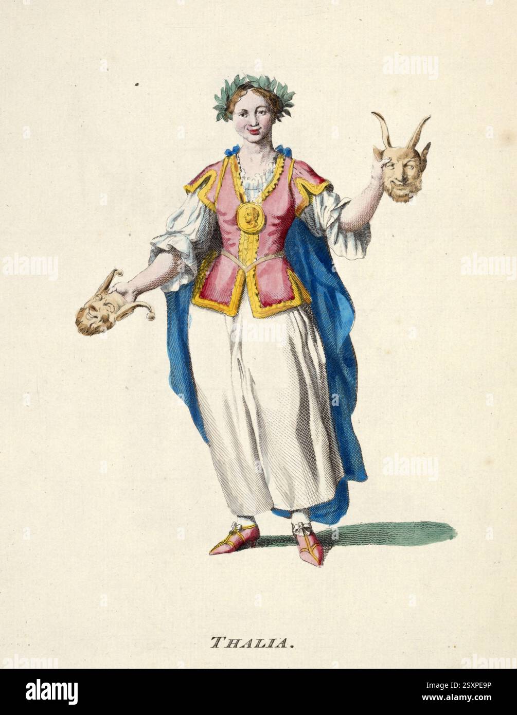 Vêtements historiques, mode à travers le temps, femme, symboliquement représentée comme Thalia, l'une des neuf muses de la mythologie grecque, reproduction restaurée numériquement d'un original du 18ème/19ème siècle, date exacte inconnue, Historische Kleidung, mode im Laufe der Zeit, Frau, symbolisch als Thalia, in der griechischen mythologie eine der neun Musen, digital restaurierte Reprodution einer Voraus dem 18./19. Jahrhundert, genaues Datum nicht bekannt Banque D'Images