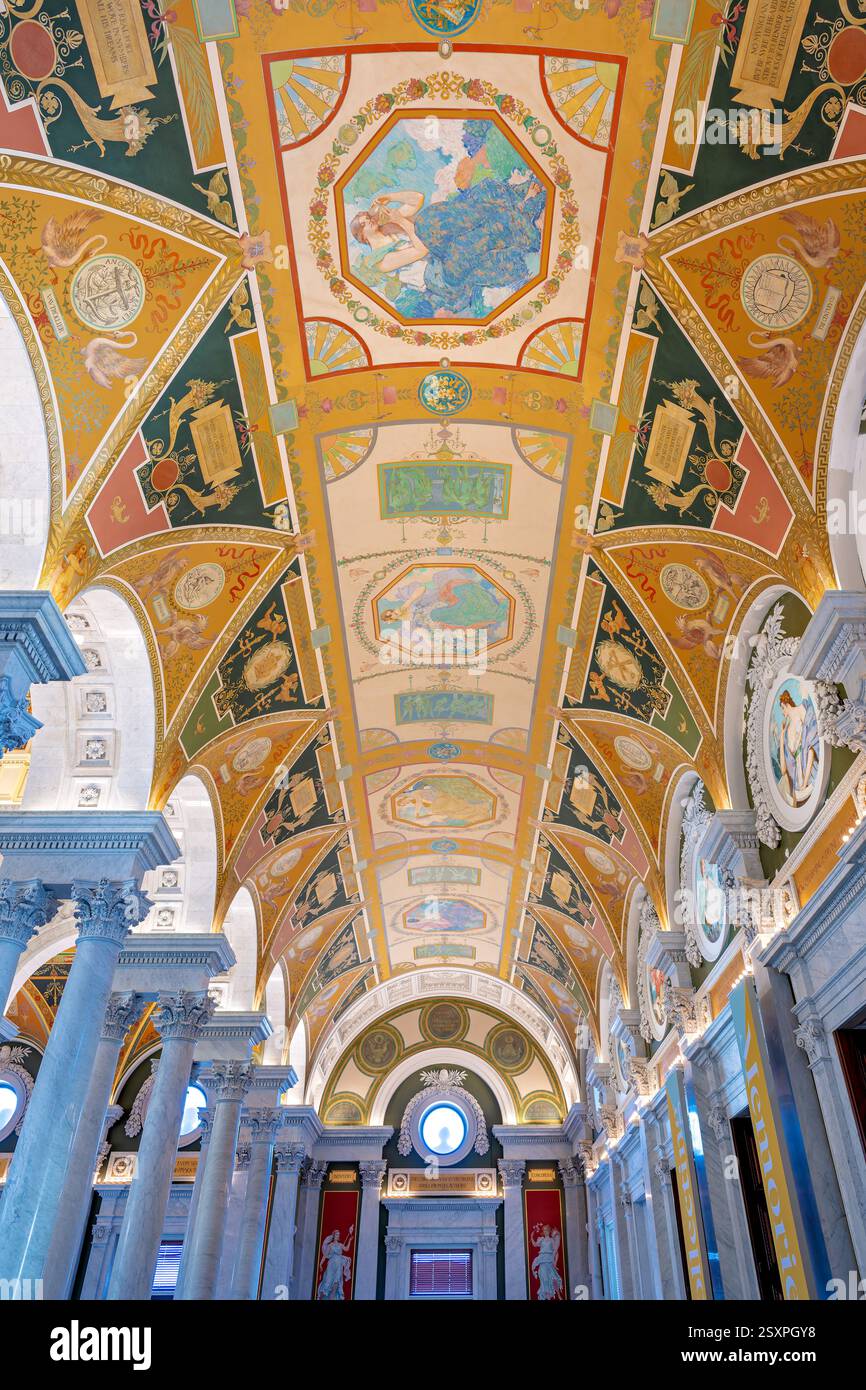 WASHINGTON DC — le plafond richement décoré du Grand Hall de la Bibliothèque du Congrès Thomas Jefferson Building présente des ornements métalliques élaborés découverts au cours des rénovations des années 1980 comme étant des feuilles d'aluminium plutôt que de l'argent. Achevé en 1897, le plafond présente six grands puits de lumière avec un motif à l'échelle qui reflète le sol en marbre sous-jacent. Les coins du plafond sont ornés de figures ailées de génie sculptées par Philip Martiny, des emblèmes flanquant qui affichent des symboles traditionnels de l'apprentissage. Banque D'Images